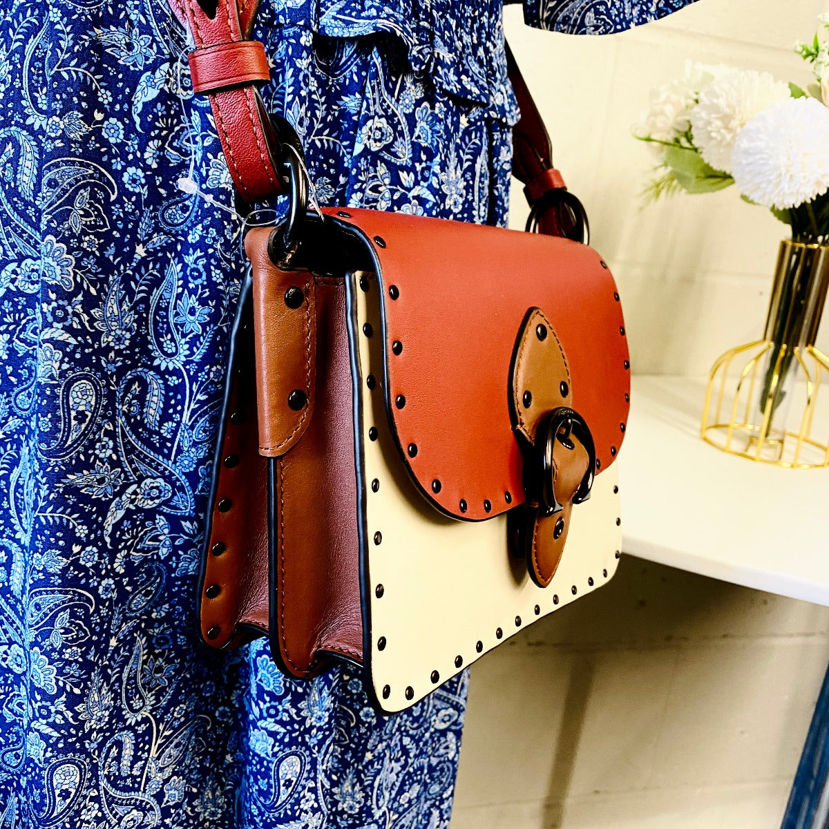 Coach C2661 Beat Shoulder Bag 18 In Colorblock With Rivets In Red Sand Ivory Multi Coach C2661 Beat Shoulder Bag 18 In Colorblock With Rivets In Red Sand Ivory Multi